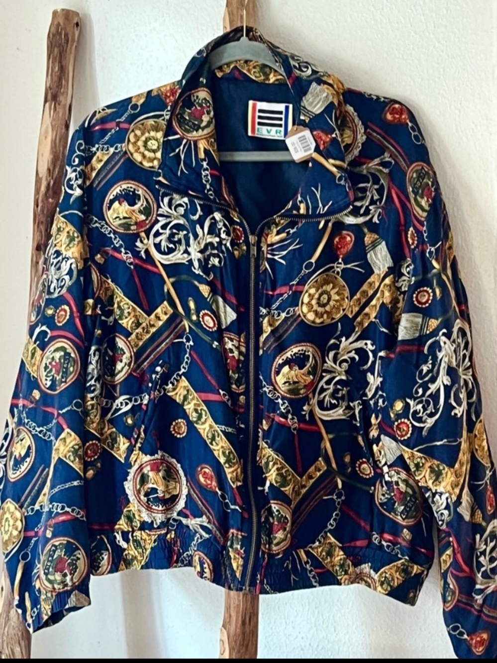 Vintage 80s Navy Gold Chain Medallion Print Silk Bomber Jacket Medium Large